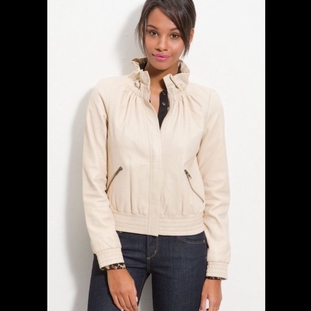 Hinge Ruffled Collar Lambskin Leather Jacket